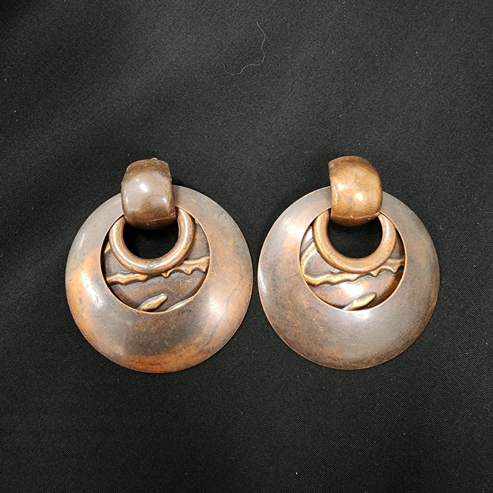 Vintage Brutalist Modernist Abstract Copper Statement Earrings Mid Century